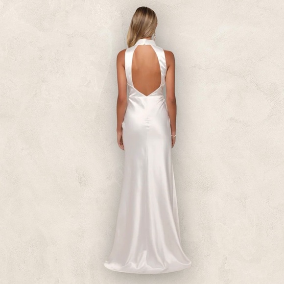 NEW Lulus Gorgeous Vow White Satin Mock Neck Cowl Mermaid Maxi Dress Med. #1552 - Picture 2 of 10
